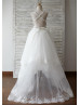 Ivory Tulle Beaded Straps Cross Back Lace Trim Asymmetrical Flower Girl Dress